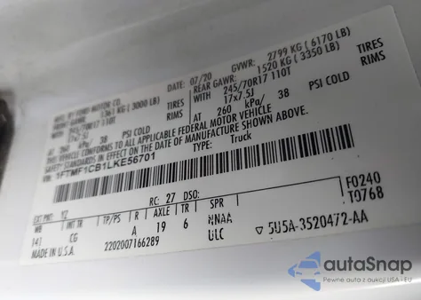 2020 Ford F-150 Xl из США, поврежденный, VIN 1FTMF1CB1LKE56701